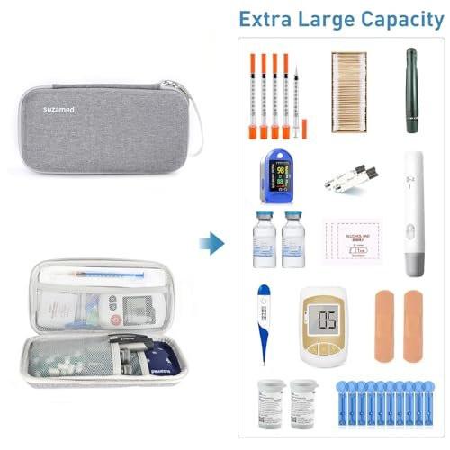 suzamed Insulin Kühlbox Reiseetui – EVA Isolierte Tasche mit 2 Kühlakkus für Diabetes Pflege, Insulin Pen & Zubehör (Grau, Groß)