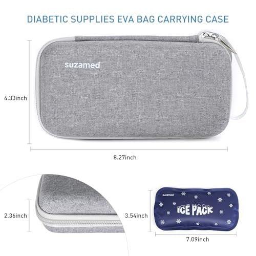 suzamed Insulin Kühlbox Reiseetui – EVA Isolierte Tasche mit 2 Kühlakkus für Diabetes Pflege, Insulin Pen & Zubehör (Grau, Groß)
