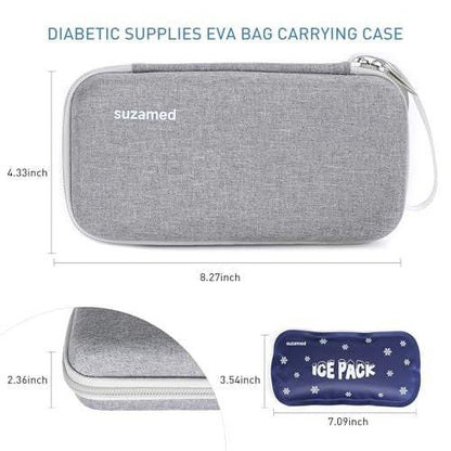 suzamed Insulin Kühlbox Reiseetui – EVA Isolierte Tasche mit 2 Kühlakkus für Diabetes Pflege, Insulin Pen & Zubehör (Grau, Groß)