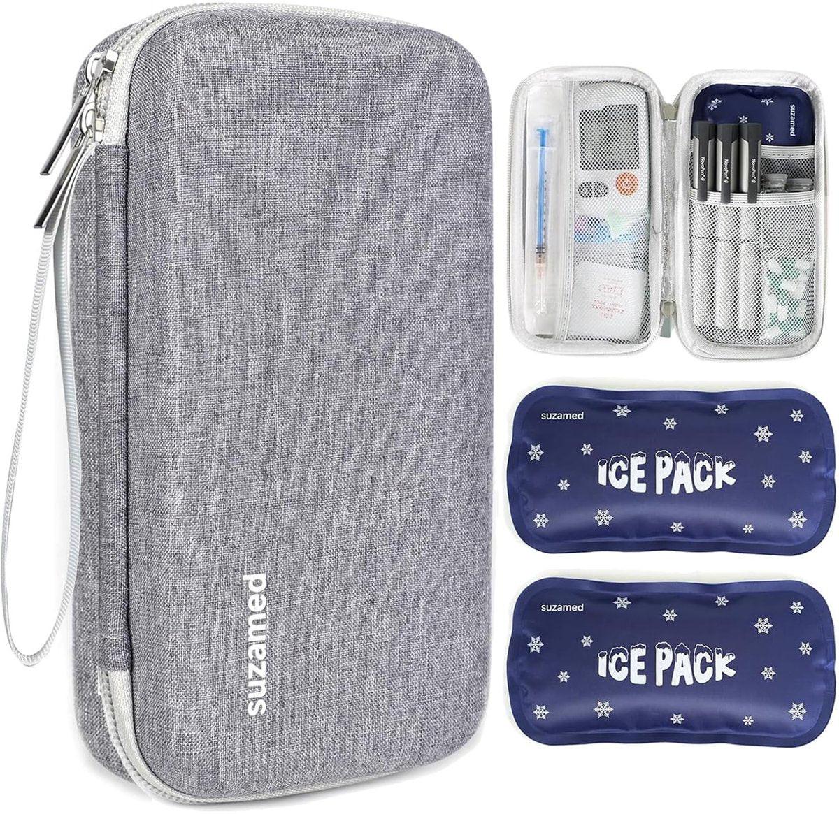 suzamed Insulin Kühlbox Reiseetui – EVA Isolierte Tasche mit 2 Kühlakkus für Diabetes Pflege, Insulin Pen & Zubehör (Grau, Groß)