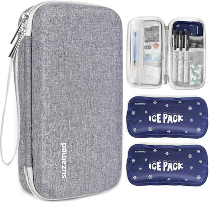 suzamed Insulin Kühlbox Reiseetui – EVA Isolierte Tasche mit 2 Kühlakkus für Diabetes Pflege, Insulin Pen & Zubehör (Grau, Groß)