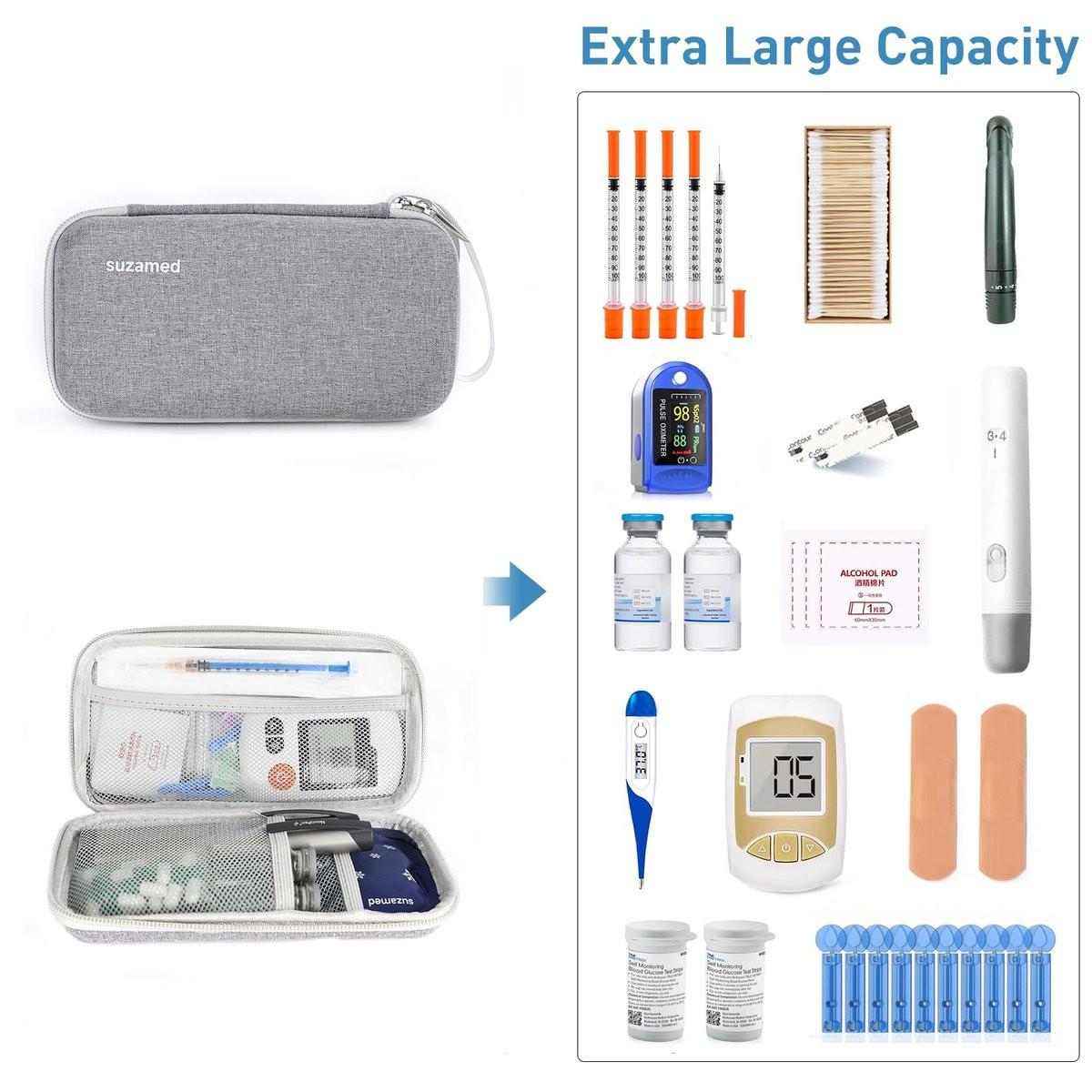 suzamed Insulin Kühlbox Reiseetui – EVA Isolierte Tasche mit 2 Kühlakkus für Diabetes Pflege, Insulin Pen & Zubehör (Grau, Groß)