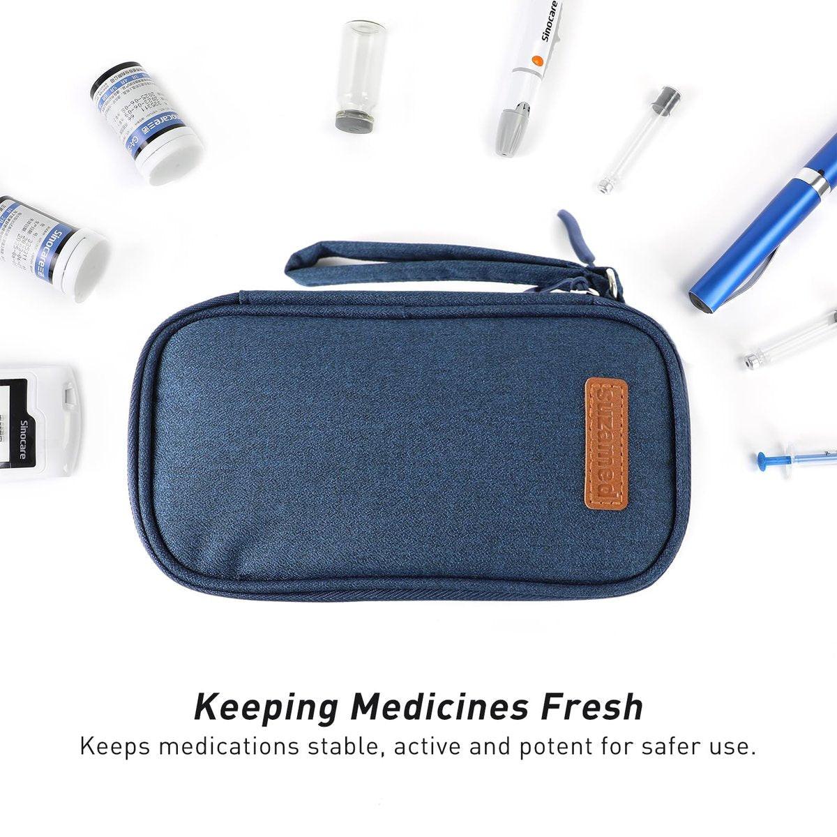 suzamed Insulin-Kühl-Reiseetui, doppellagige Medikamententasche für Diabetes, tragbare Medikamenten-Organizer mit 2x 150g Kühlakkus, TSA-geprüft für Insulin-Pens und Diabetikerzubehör (Blau)