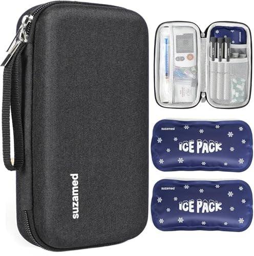 suzamed Insulin Kühltasche Reiseetui, EVA Isolierung Medizinkoffer mit 2 Kühlakkus für Diabetes, Insulin Pen und Zubehör (Schwarz)