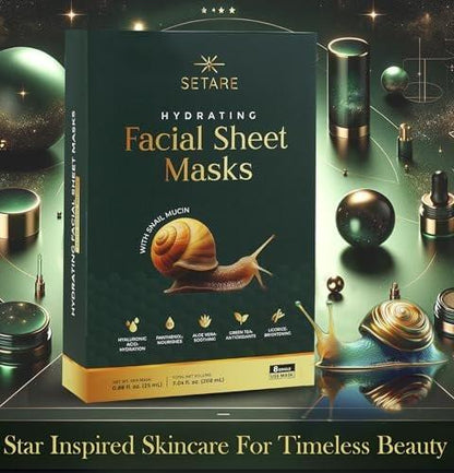 Setare Hydrating Sheet Masks mit Schneckenschleim, Kollagen, Hyaluronsäure & Premium-Botanicals, Koreanische Beauty-Tech, für alle Hauttypen – 8er-Pack
