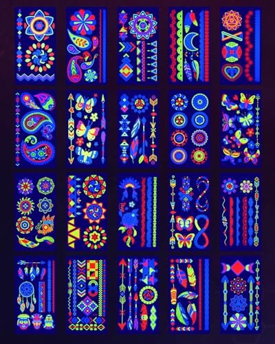 Ozepao 20 Blätter Glow-in-the-Dark-Tattoos unter Schwarzlicht – Neon UV Glow Temporäre Tattoos für Raves, Festivals und Partys – 160+ Designs für Erwachsene und Kinder