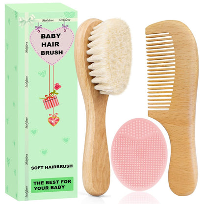 Molylove 3-teiliges Babyhaarbürsten-Set mit Holzgriff und Kamm für Neugeborene & Kleinkinder | Natürliche weiche Ziegenhaarborsten | Holzkamm | Rosa Silikonbürste | Ideal gegen Milchschorf