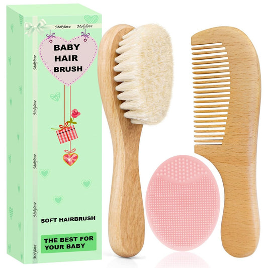Molylove 3-teiliges Babyhaarbürsten-Set mit Holzgriff und Kamm für Neugeborene & Kleinkinder | Natürliche weiche Ziegenhaarborsten | Holzkamm | Rosa Silikonbürste | Ideal gegen Milchschorf