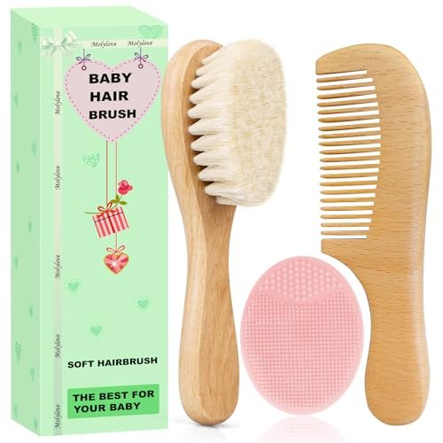 Molylove 3-teiliges Babyhaarbürsten-Set mit Holzgriff und Kamm für Neugeborene & Kleinkinder | Natürliche weiche Ziegenhaarborsten | Holzkamm | Rosa Silikonbürste | Ideal gegen Milchschorf