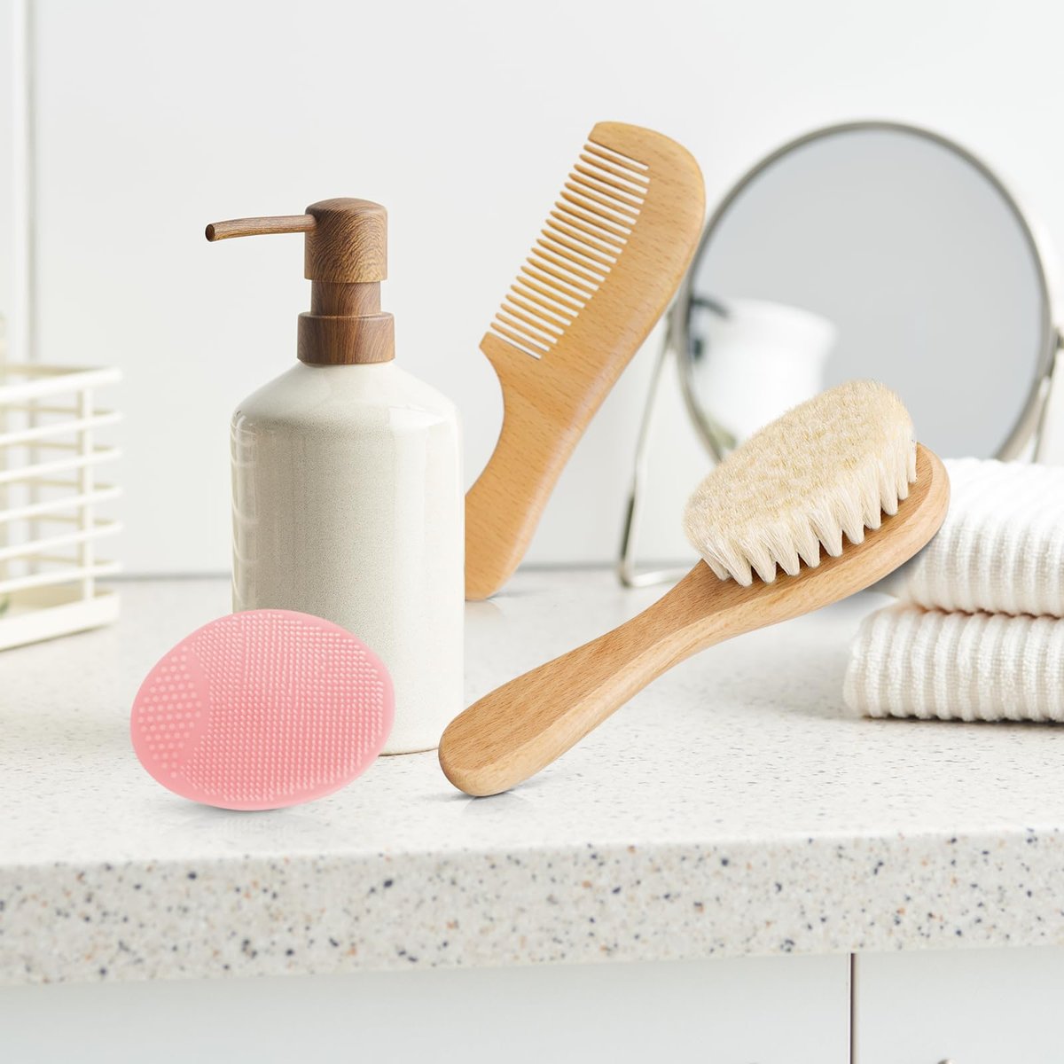 Molylove 3-teiliges Babyhaarbürsten-Set mit Holzgriff und Kamm für Neugeborene & Kleinkinder | Natürliche weiche Ziegenhaarborsten | Holzkamm | Rosa Silikonbürste | Ideal gegen Milchschorf