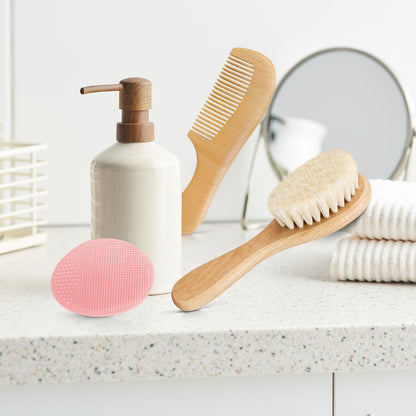 Molylove 3-teiliges Babyhaarbürsten-Set mit Holzgriff und Kamm für Neugeborene & Kleinkinder | Natürliche weiche Ziegenhaarborsten | Holzkamm | Rosa Silikonbürste | Ideal gegen Milchschorf