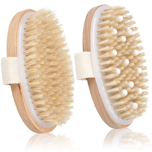 2er-Pack Trockenbürsten für den Körper, Naturborsten-Peelingbürste mit Massageknoten, für Lymphdrainage und Verbesserung der Hautgesundheit, reduziert Akne