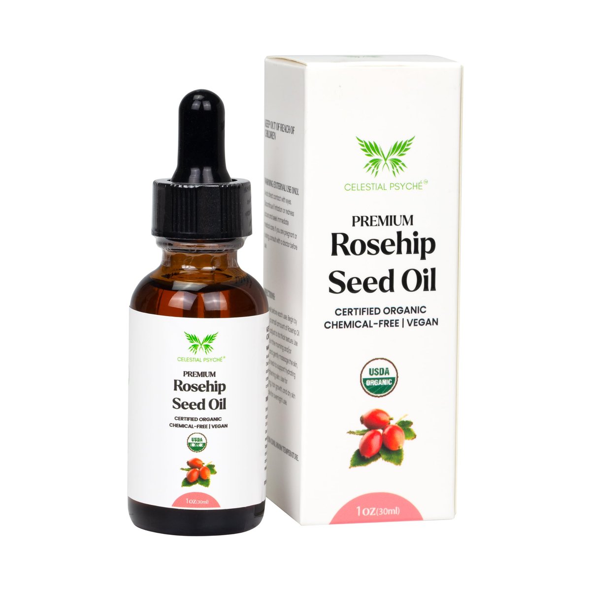 Celestial Psyché USDA Bio Hagebuttenkernöl (1 Oz) 100% Reines Naturöl, Chemiefrei, Feuchtigkeitsspender für Haare & Haut, Anti-Aging, Faltenreduktion, Antioxidantien