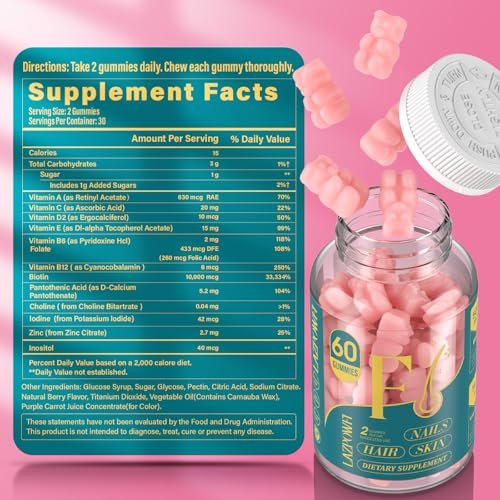 Lazpowfi Biotin Gummies – Haar, Haut und Nägel Vitamine für Männer & Frauen, veganes Vitamin B7, unterstützt Haarwachstum und stärkere Nägel, 30-Tage-Vorrat – Himbeer – 60 Stück