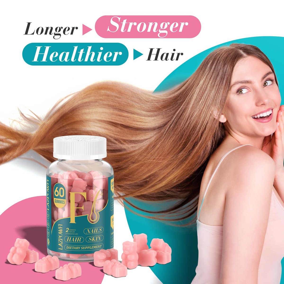 Lazpowfi Biotin Gummies – Haar, Haut und Nägel Vitamine für Männer & Frauen, veganes Vitamin B7, unterstützt Haarwachstum und stärkere Nägel, 30-Tage-Vorrat – Himbeer – 60 Stück