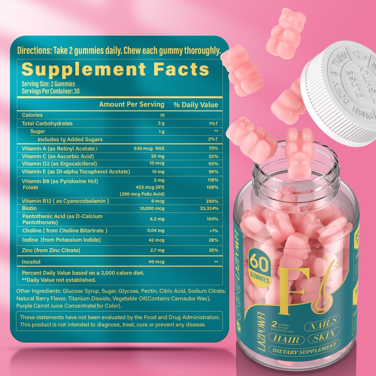 Lazpowfi Biotin Gummies – Haar, Haut und Nägel Vitamine für Männer & Frauen, veganes Vitamin B7, unterstützt Haarwachstum und stärkere Nägel, 30-Tage-Vorrat – Himbeer – 60 Stück