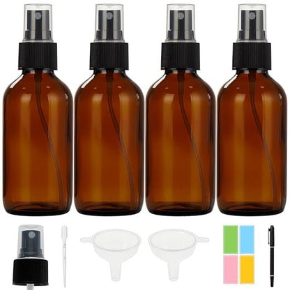 Bastelica Dunkle Amber Glas Sprühflaschen 4 oz – Kleine Glassprühflaschen für ätherische Öle, Feinsprühnebel für Gesicht, Haare, Pflanzen, Reisen, Parfums, Reinigungslösungen – 4er Pack
