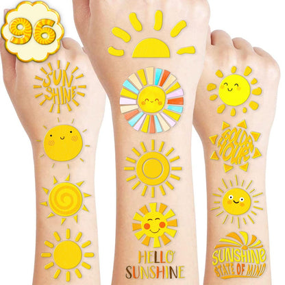 96 Stück Gelbe Sonnen-Aufkleber und temporäre Tattoos für Geburtstagsfeiern, Hippie-Sonne, Smiley, Partytütenfüller, Geschenke für Kinder