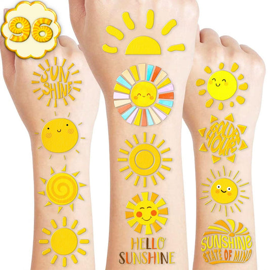 96 Stück Gelbe Sonnen-Aufkleber und temporäre Tattoos für Geburtstagsfeiern, Hippie-Sonne, Smiley, Partytütenfüller, Geschenke für Kinder
