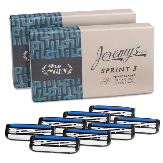 Jeremy's Razors für Herren - Sprint 3 Rasierklingen Nachfüllpackung - 8 Klingen (Passend für alle Jeremy's Razors Griffe der 2. Generation) - Edelstahl, Gleitstreifen, Easy Rinse Design - Herren Rasierklingen Nachfüllung