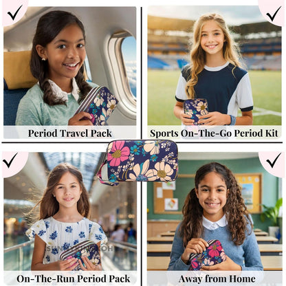 First Period Pal Pack to-Go Kit | 24-teiliges Starter-Set für Mädchen | Diskretes Täschchen, Binden & Slipeinlagen | Erste Periode Kit für Tweens 10-12 Jahre (Florets)