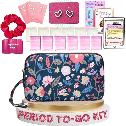 First Period Pal Pack to-Go Kit | 24-teiliges Starter-Set für Mädchen | Diskretes Täschchen, Binden & Slipeinlagen | Erste Periode Kit für Tweens 10-12 Jahre (Florets)