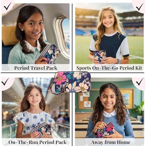 First Period Pal Pack to-Go Kit | 24-teiliges Starter-Set für Mädchen | Diskretes Täschchen, Binden & Slipeinlagen | Erste Periode Kit für Tweens 10-12 Jahre (Florets)