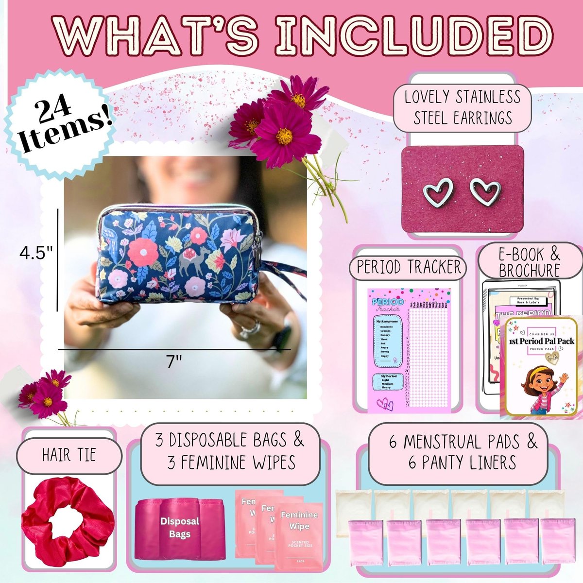 First Period Pal Pack to-Go Kit | 24-teiliges Starter-Set für Mädchen | Diskretes Täschchen, Binden & Slipeinlagen | Erste Periode Kit für Tweens 10-12 Jahre (Florets)