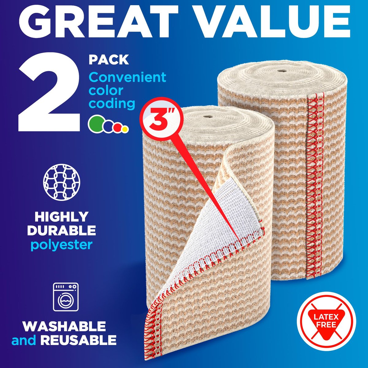Premium Elastische Binden - 3 Zoll (2er Pack) - Starke Kompression - Selbstschließende Wiederverwendbare Bandagen für Beine und Arme - Handgelenk, Ellenbogen, Fuß, Knöchel, Knie Wickel - für Erste-Hilfe-Set und Erholung nach Operationen