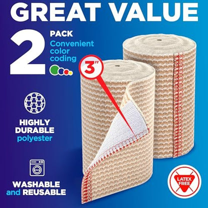 Premium Elastische Binden - 3 Zoll (2er Pack) - Starke Kompression - Selbstschließende Wiederverwendbare Bandagen für Beine und Arme - Handgelenk, Ellenbogen, Fuß, Knöchel, Knie Wickel - für Erste-Hilfe-Set und Erholung nach Operationen