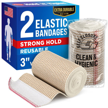 Premium Elastische Binden - 3 Zoll (2er Pack) - Starke Kompression - Selbstschließende Wiederverwendbare Bandagen für Beine und Arme - Handgelenk, Ellenbogen, Fuß, Knöchel, Knie Wickel - für Erste-Hilfe-Set und Erholung nach Operationen