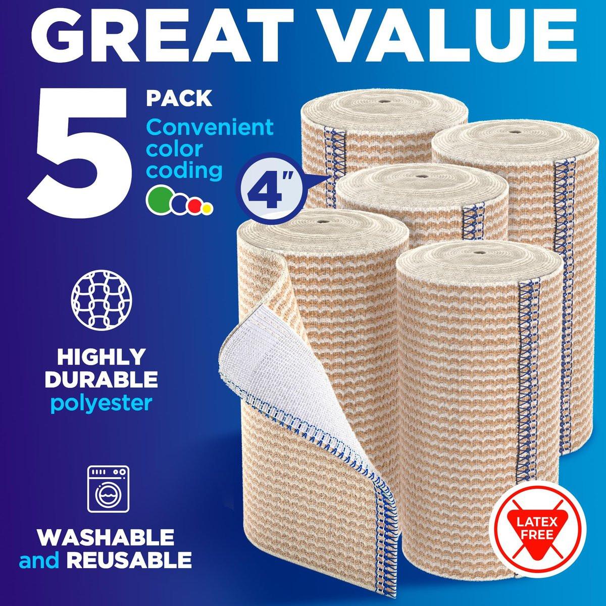 Hochleistungs-Elastikbandage-Wrap - 4 Zoll (5er-Pack) - Selbstschließende starke Kompression, wiederverwendbar für Bein, Knöchel, Handgelenk und Knie - für Erste-Hilfe-Set und nach Operationen - Latexfrei