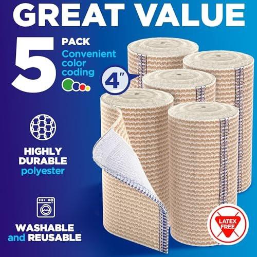 Hochleistungs-Elastikbandage-Wrap - 4 Zoll (5er-Pack) - Selbstschließende starke Kompression, wiederverwendbar für Bein, Knöchel, Handgelenk und Knie - für Erste-Hilfe-Set und nach Operationen - Latexfrei