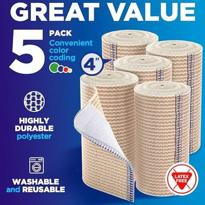 Hochleistungs-Elastikbandage-Wrap - 4 Zoll (5er-Pack) - Selbstschließende starke Kompression, wiederverwendbar für Bein, Knöchel, Handgelenk und Knie - für Erste-Hilfe-Set und nach Operationen - Latexfrei