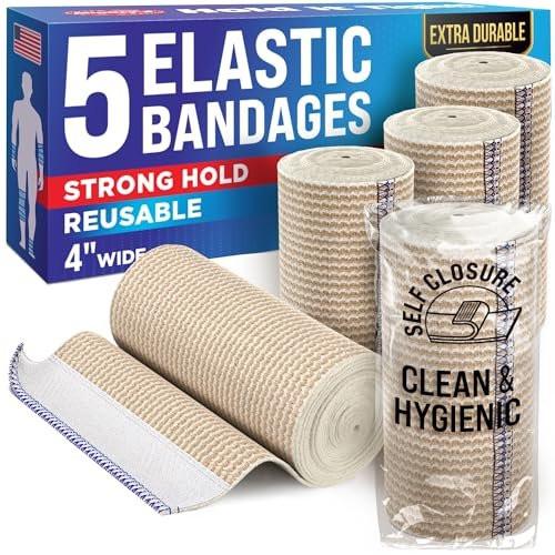 Hochleistungs-Elastikbandage-Wrap - 4 Zoll (5er-Pack) - Selbstschließende starke Kompression, wiederverwendbar für Bein, Knöchel, Handgelenk und Knie - für Erste-Hilfe-Set und nach Operationen - Latexfrei
