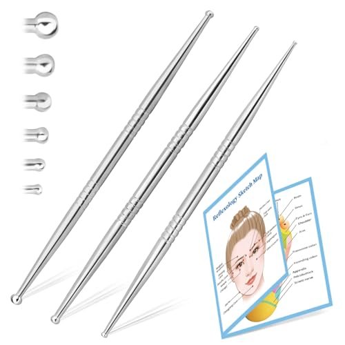 ideayard Gesichtsreflexzonen-Werkzeug, 3er-Set mit 6 Größenköpfen, Edelstahl-Akupunkturstift für Ohr, Gesicht & Körper, Akupressur, Massage, Tiefengewebs-Schmerzlinderung & Muskelentspannung
