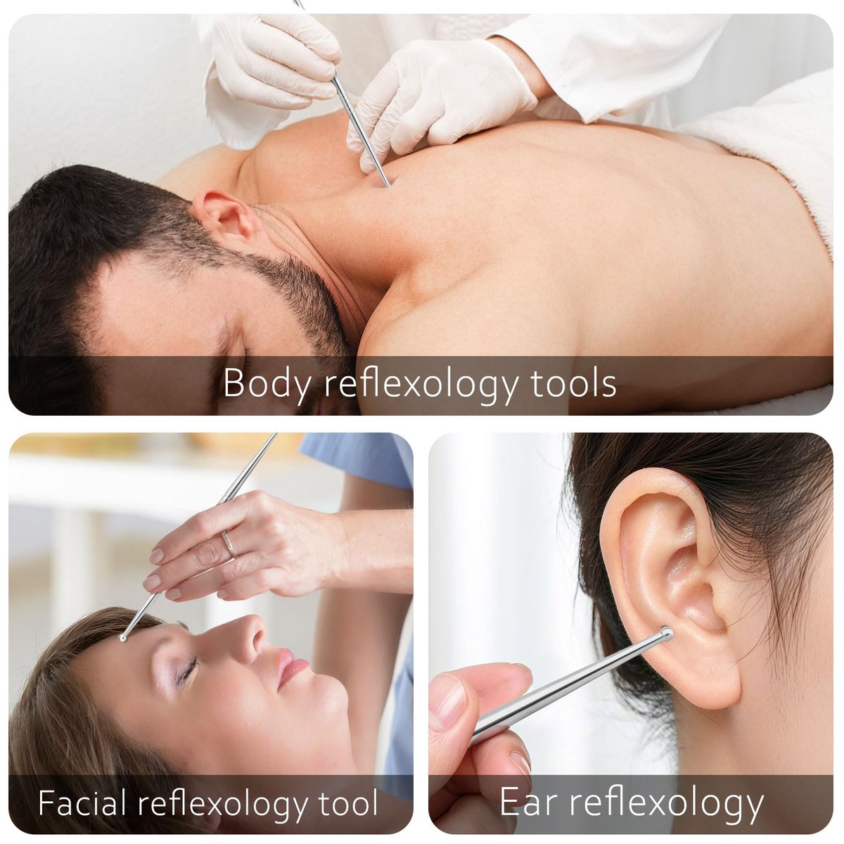 ideayard Gesichtsreflexzonen-Werkzeug, 3er-Set mit 6 Größenköpfen, Edelstahl-Akupunkturstift für Ohr, Gesicht & Körper, Akupressur, Massage, Tiefengewebs-Schmerzlinderung & Muskelentspannung