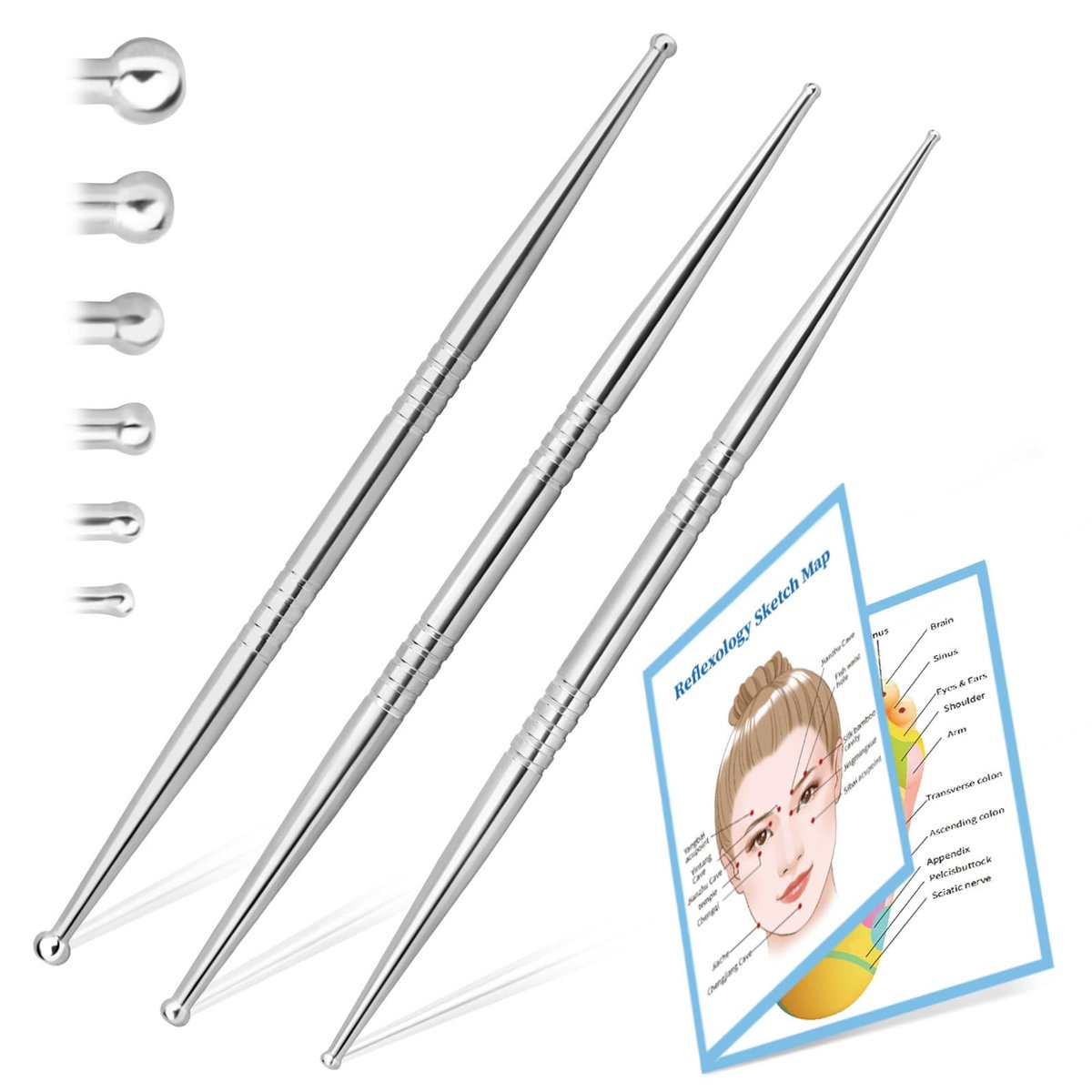 ideayard Gesichtsreflexzonen-Werkzeug, 3er-Set mit 6 Größenköpfen, Edelstahl-Akupunkturstift für Ohr, Gesicht & Körper, Akupressur, Massage, Tiefengewebs-Schmerzlinderung & Muskelentspannung