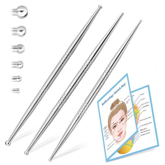 ideayard Gesichtsreflexzonen-Werkzeug, 3er-Set mit 6 Größenköpfen, Edelstahl-Akupunkturstift für Ohr, Gesicht & Körper, Akupressur, Massage, Tiefengewebs-Schmerzlinderung & Muskelentspannung