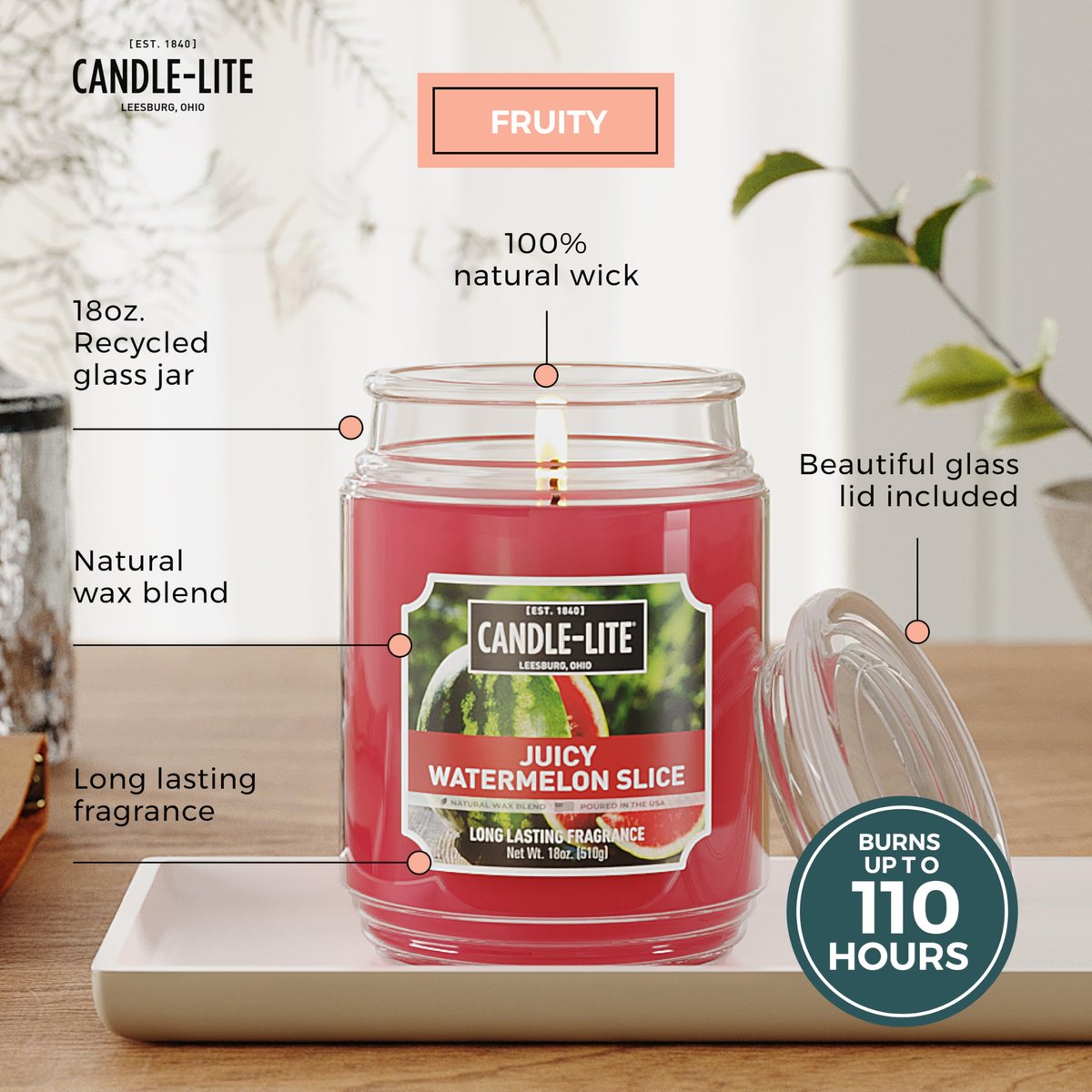 Candle-lite Duftkerze Saftige Wassermelone, 18 oz, Brenndauer 110 Stunden, Handgegossen in den USA