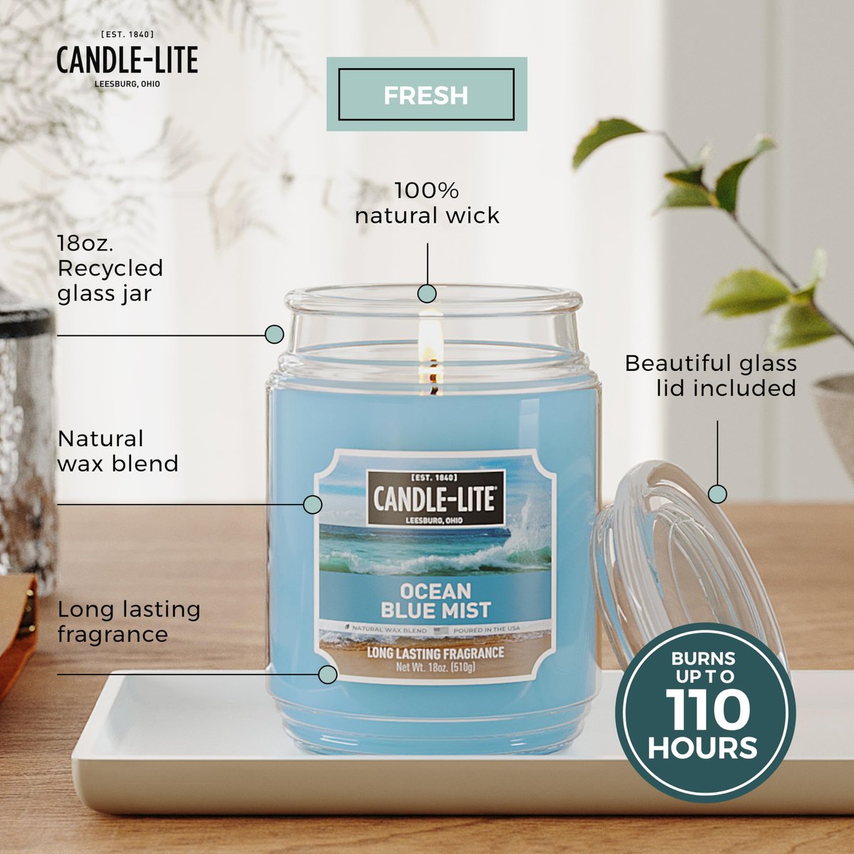 Candle-lite Duftkerze Ocean Blue Mist, 18 oz, paraffin, 110 Stunden Brenndauer, USA-Handwerk