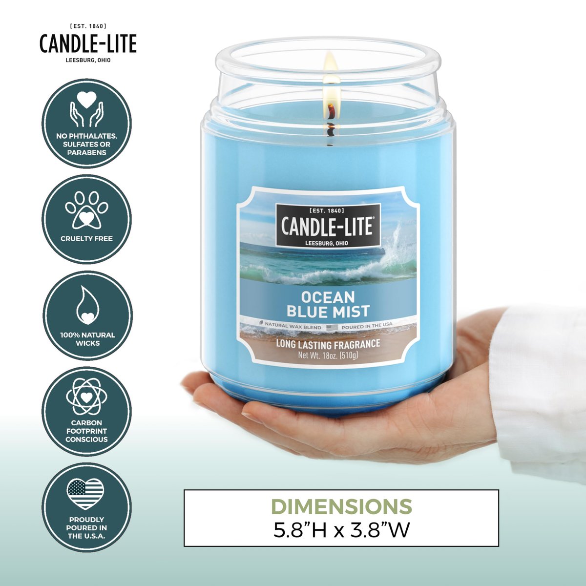 Candle-lite Duftkerze Ocean Blue Mist, 18 oz, paraffin, 110 Stunden Brenndauer, USA-Handwerk