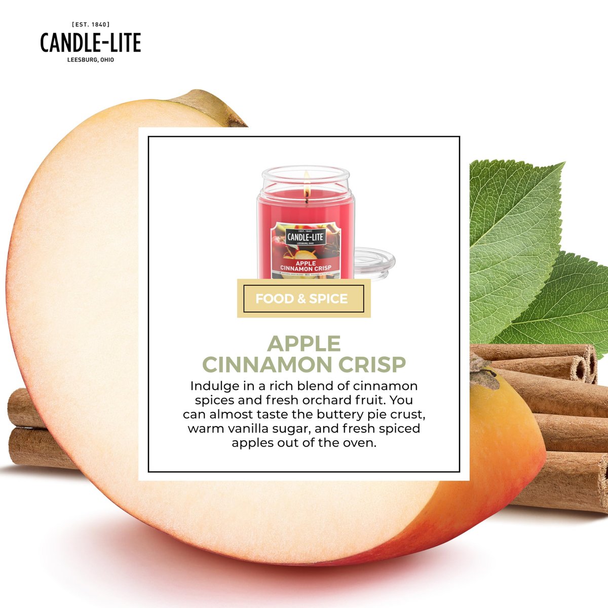 Candle-lite Herbst-Duftkerzen, Apfel-Zimt-Crisp, 510 g Glas, in den USA gegossen, Aromatherapie-Kerze, Einzeldocht mit 110 Stunden Brenndauer, perfekt für eine einladende Atmosphäre