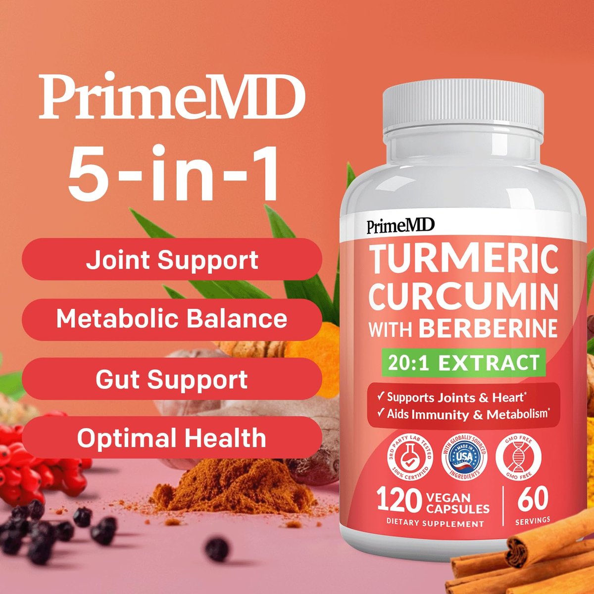 5-in-1 Bio Kurkuma Curcumin Komplex (4210mg) mit Berberin, Ceylon Zimt, Bioperin & Ingwer – 120 Kapseln für Gelenke, Herz, Darm & Stoffwechsel