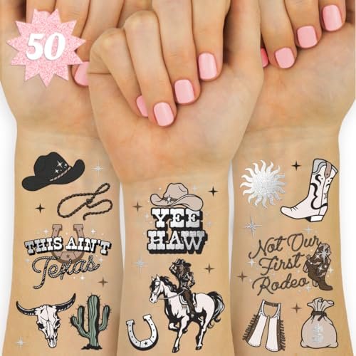 xo, Fetti Western-Geburtstagsparty Temporäre Tattoos – 50 silberne Folien-Stücke | Geburtstagsmädchen-Accessoire, Rodeo-Cowgirl-Junggesellinnenparty-Dekoration, Hoedown-Accessoire, Country-Themen-Partyzubehör
