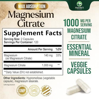 Magnesiumcitrat Kapseln – Maximale Absorption Magnesiumpulver – Unterstützt Muskeln, Knochen, Nerven & Herz – Premium Formel, sanft für Frauen & Männer – Hergestellt in den USA – 240 Kapseln