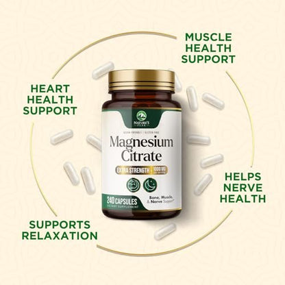 Magnesiumcitrat Kapseln – Maximale Absorption Magnesiumpulver – Unterstützt Muskeln, Knochen, Nerven & Herz – Premium Formel, sanft für Frauen & Männer – Hergestellt in den USA – 240 Kapseln
