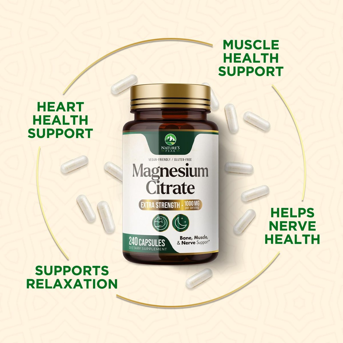 Magnesiumcitrat Kapseln – Maximale Absorption Magnesiumpulver – Unterstützt Muskeln, Knochen, Nerven & Herz – Premium Formel, sanft für Frauen & Männer – Hergestellt in den USA – 240 Kapseln