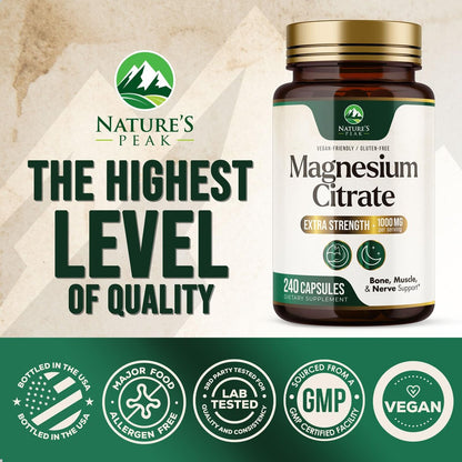 Magnesiumcitrat Kapseln – Maximale Absorption Magnesiumpulver – Unterstützt Muskeln, Knochen, Nerven & Herz – Premium Formel, sanft für Frauen & Männer – Hergestellt in den USA – 240 Kapseln