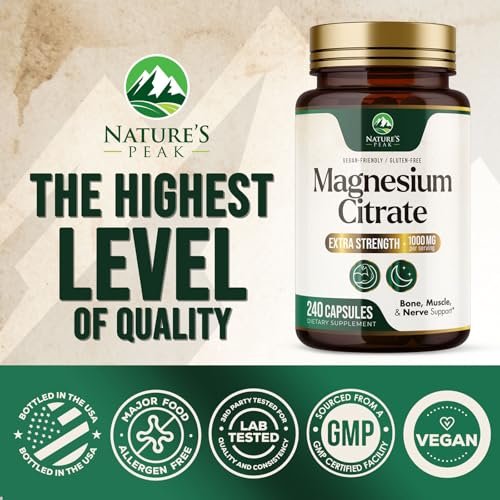 Magnesiumcitrat Kapseln – Maximale Absorption Magnesiumpulver – Unterstützt Muskeln, Knochen, Nerven & Herz – Premium Formel, sanft für Frauen & Männer – Hergestellt in den USA – 240 Kapseln